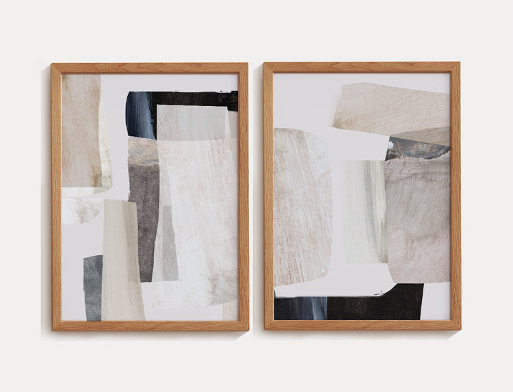 Dupla de quadros abstratos em tons neutros e clássico. As artes apresentam formas orgânicas em diversos tons de bege e cinza e uma forma mais escura em último plano sobre um fundo claro.