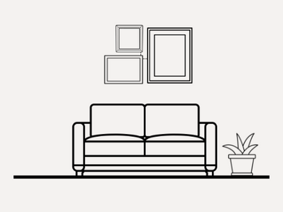 Ilustração mostrando o espaçamento ideal entre dois quadros alinhados na parede. Indica o uso de distância proporcional para manter equilíbrio visual na composição.