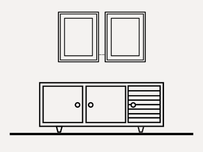 Ilustração mostrando o espaçamento ideal entre dois quadros alinhados na parede. Indica o uso de distância proporcional para manter equilíbrio visual na composição.