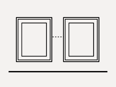 Ilustração mostrando o espaçamento ideal entre dois quadros alinhados na parede. Indica o uso de distância proporcional para manter equilíbrio visual na composição.
