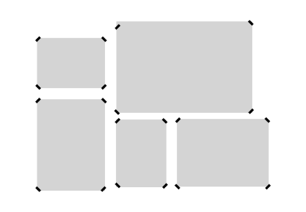 Modelo de disposição de montagem de quadros utilizando papel com cinco quadros de diferentes tamanhos formando uma galeria harmoniosa. Indicação dos pontos de fixação nos cantos de cada moldura.