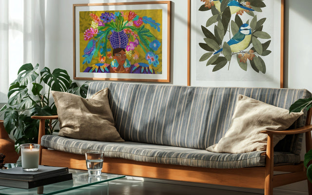 Quadros de ilustração botânica e arte contemporânea compondo parede decorativa em sala com sofá vintage e tapete persa