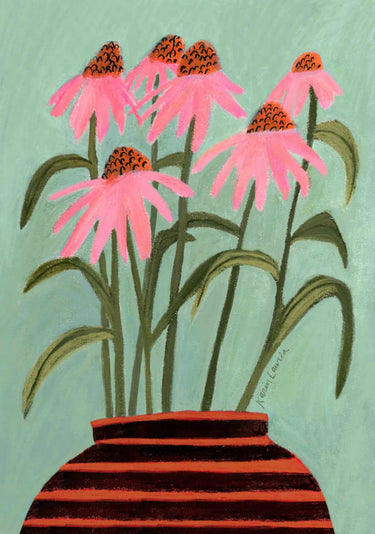 Quadro Pink Coneflowers In Orange And Black Striped Vase