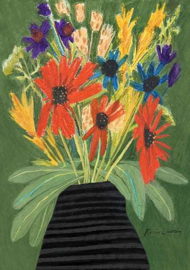 Quadro Blue, Yellow, And Orange Bouquet In Black And Gray Striped Vase