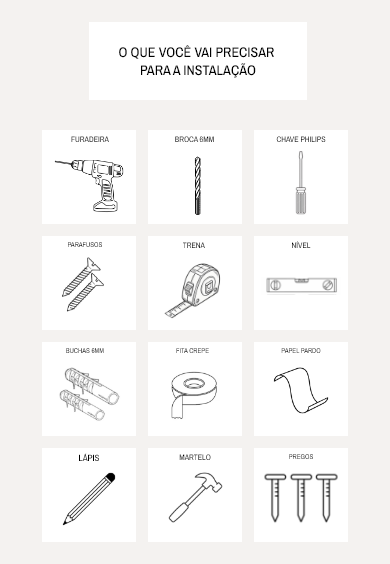 Lista ilustrada com os materiais necessários para instalação de quadros, incluindo furadeira, broca, chave Philips, parafusos, trena, nível, buchas, fita crepe, papel pardo, lápis, martelo e pregos.