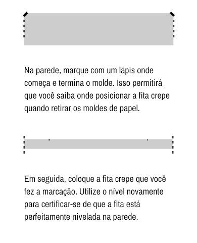 Instrução para marcar os pontos de furo usando fita crepe abaixo dos ganchos do quadro. Texto destaca o uso de penduradores dentados e orienta sobre a quantidade de suportes conforme o tamanho da arte.