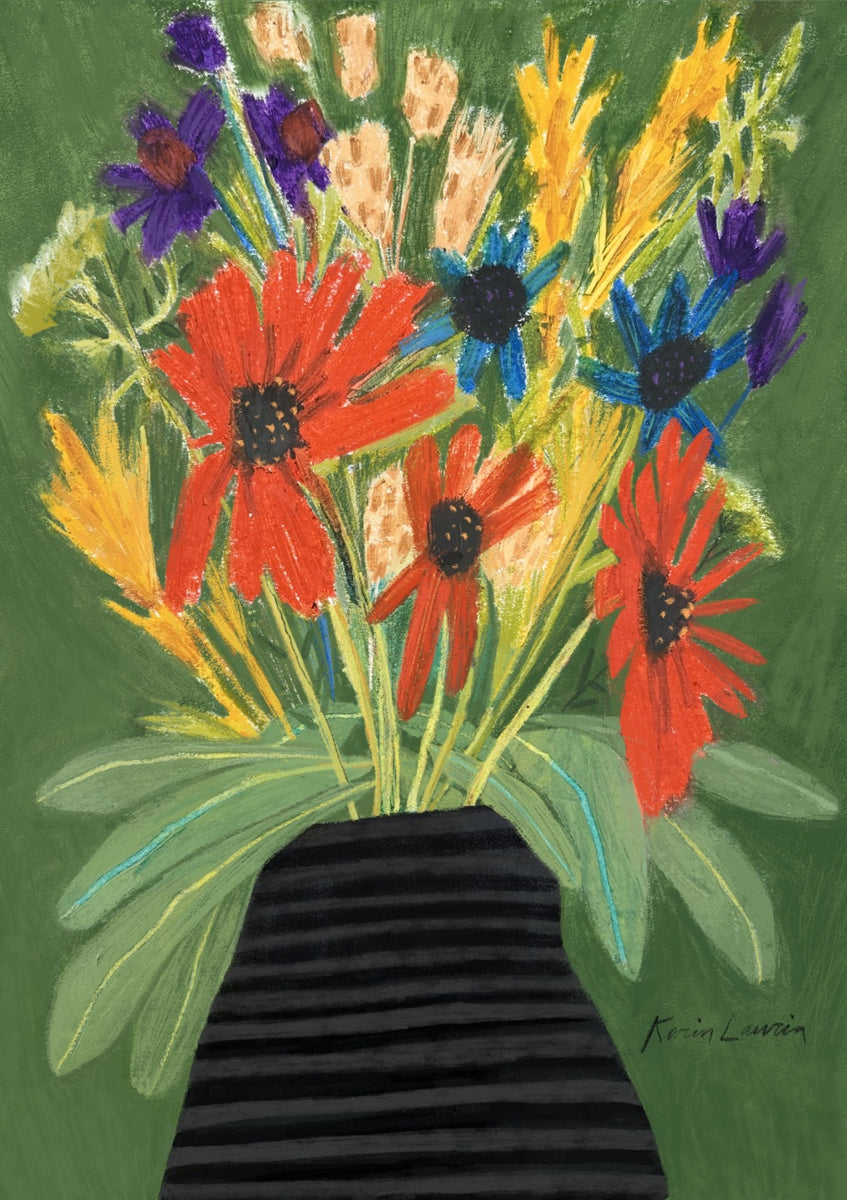Quadro Blue, Yellow, And Orange Bouquet In Black And Gray Striped Vase