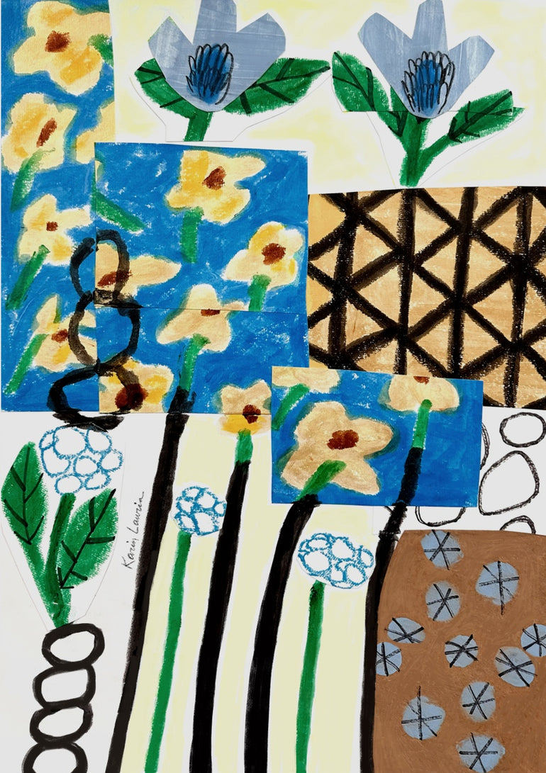 Quadro Yellow And Blue Abstract Floral Collage